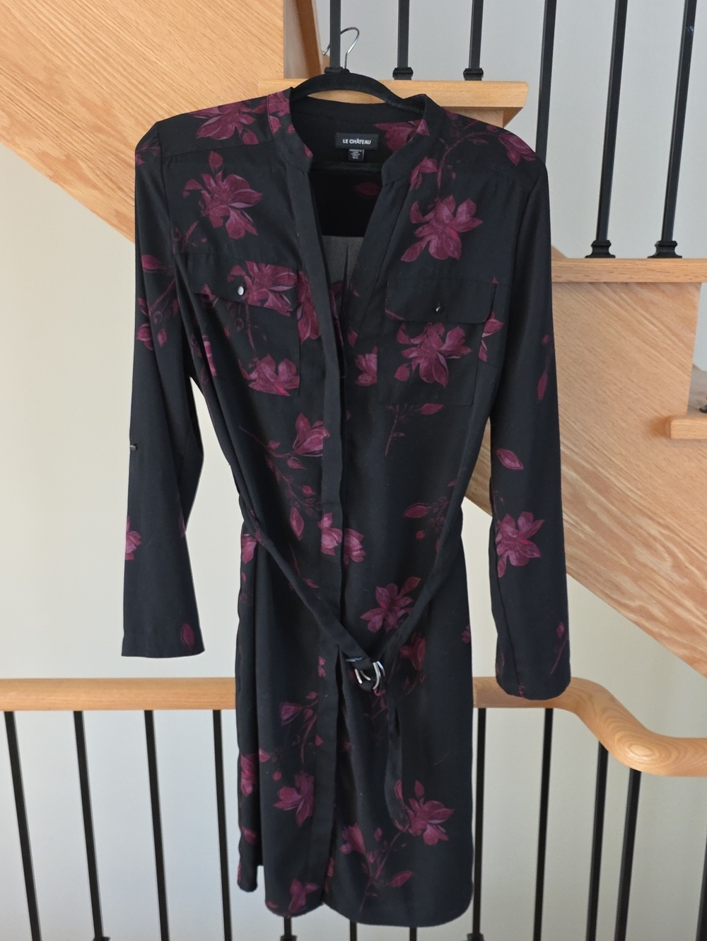 Le chateau Black Dress with Plum Floral Print - Long Sleeve Belted - Size Large